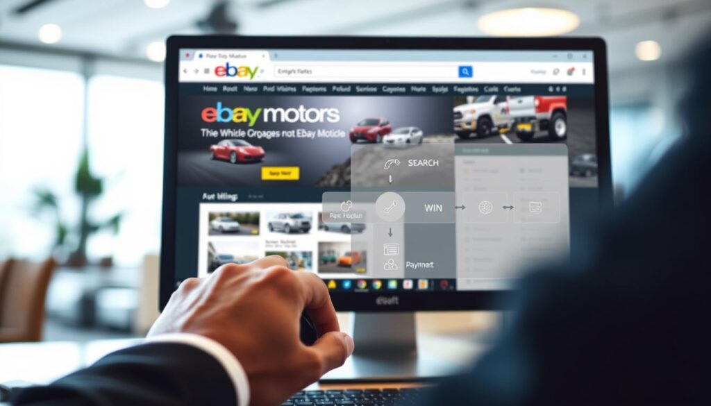 A detailed illustration of the eBay Motors vehicle purchase process, featuring a professional setting. In the foreground, a computer screen displaying the eBay Motors website, highlighting the vehicle listings and purchase buttons, with a person's hands in professional business attire using the mouse. The middle layer shows a digital checklist or flowchart diagram illustrating the steps of the buying process, such as searching, bidding, winning, and payment. In the background, a softly blurred office environment with subtle lighting, suggesting a warm, inviting atmosphere. The composition should convey clarity and professionalism, with a focus on the eBay Motors interface and transactional elements. Use natural light for a realistic effect, aiming for a slight depth of field to enhance the focus on the foreground elements.