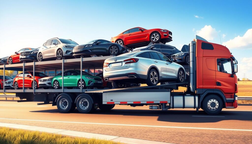 A detailed illustration of the open car transport process. In the foreground, showcase a professional-looking open carrier truck loaded with various cars, displaying a vibrant array of colors and designs. In the middle, depict a new car being carefully driven onto the ramp of the truck by a driver in business attire, exhibiting a sense of precision and professionalism. In the background, incorporate a sunny day with a clear blue sky and a highway stretching out, suggesting movement and transport. Use warm, natural lighting to create a welcoming atmosphere. Capture the entire scene from a slightly elevated angle to emphasize the dynamics of the process while maintaining clarity in the arrangement of the vehicles on the carrier.