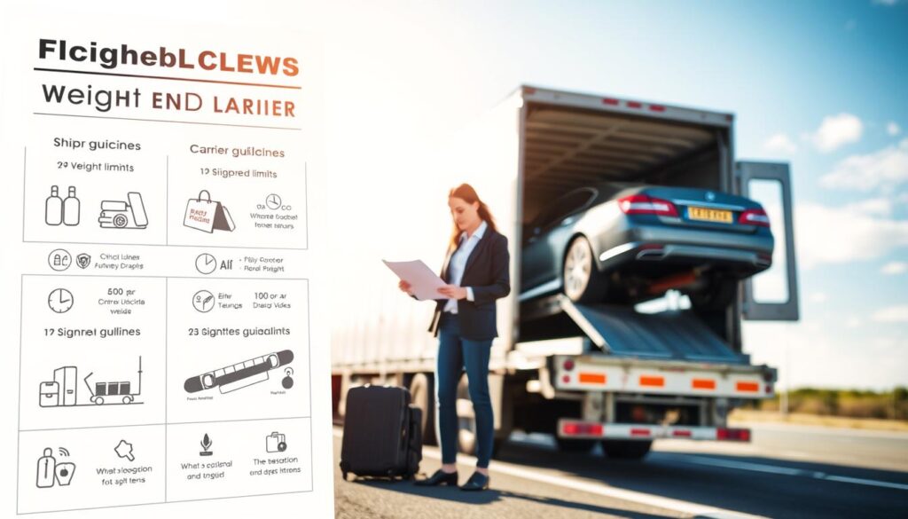 A detailed illustration of weight limits and carrier policies for shipping a car with personal items inside. In the foreground, a well-organized infographic displays weight restrictions and carrier guidelines, using icons and diagrams for clarity. In the middle, a professional person in business attire studies a document, surrounded by a few personal items like a suitcase and backpack, symbolizing what is allowed in the vehicle. The background shows a car being loaded onto a transport truck, with a clear sky and bright, natural lighting creating a positive atmosphere. The scene is framed with a shallow depth of field to emphasize the foreground elements while still providing context of the surrounding environment. A detailed illustration of weight limits and carrier policies for shipping a car with personal items inside. In the foreground, a well-organized infographic displays weight restrictions and carrier guidelines, using icons and diagrams for clarity. In the middle, a professional person in business attire studies a document, surrounded by a few personal items like a suitcase and backpack, symbolizing what is allowed in the vehicle. The background shows a car being loaded onto a transport truck, with a clear sky and bright, natural lighting creating a positive atmosphere. The scene is framed with a shallow depth of field to emphasize the foreground elements while still providing context of the surrounding environment.