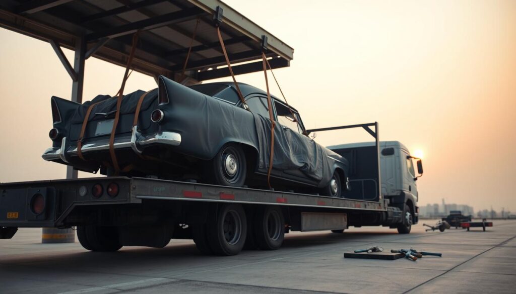 A detailed image of a non-running car being transported on a flatbed truck. In the foreground, the flatbed truck is parked on a flat surface, showcasing the secured vehicle with straps. The car, an old classic model, is covered with a protective tarp, signifying its non-running status. In the middle ground, there are tools and equipment scattered, hinting at the car transportation process. The background features a hazy sky during dawn, with soft light illuminating the scene, giving it a calm atmosphere. The camera angle captures a low perspective, emphasizing the truck and the car, creating a sense of importance. Overall, the mood is professional yet accessible, reflecting the logistics aspects of moving non-operational vehicles.