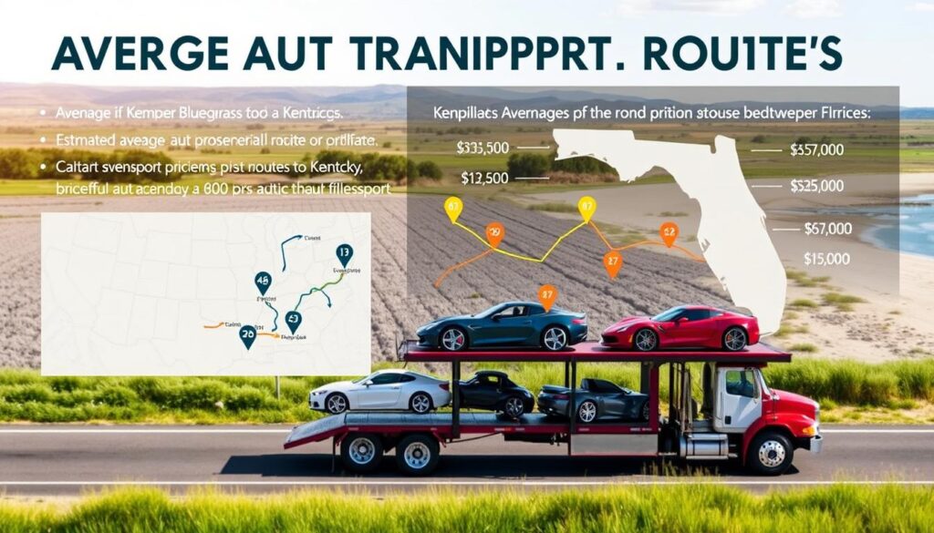 A detailed infographic displaying average auto transport pricing routes, featuring a map highlighting key routes from Kentucky to Florida. In the foreground, a stylized representation of a car carrier truck loaded with vehicles, showcasing different types of cars to imply variety in transport options. The middle ground includes a simple, clear map with icons and arrows indicating auto transport routes, alongside estimated average prices represented by colored markers. In the background, a serene landscape featuring the Bluegrass of Kentucky transitioning to the warm beaches of Florida. The scene is bathed in soft natural light suggesting optimism, with a wide-angle view to capture the scope of routes. The mood is informative yet inviting, aimed at engaging readers interested in auto transport logistics.