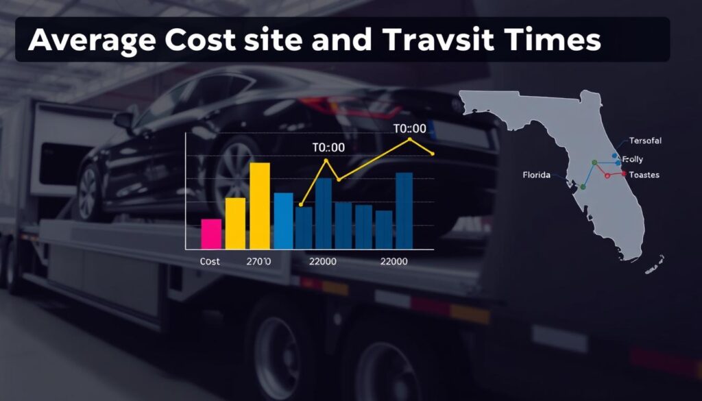 A detailed infographic illustrating "Average Costs and Transit Times" for car shipping from Massachusetts to Florida. In the foreground, a sleek car on a transport truck, capturing the essence of auto transport. The middle layer features a graph with distinct bars and line indicators representing costs and transit times, set against a backdrop of a stylized map pinpointing the journey journey from Massachusetts to Florida, with key landmarks marked. Bright, professional lighting enhances clarity, with a slight overhead angle for depth. The mood is informative and engaging, designed to evoke a sense of trust and professionalism in the car shipping industry, perfect for guiding readers through essential logistics without any distractions.