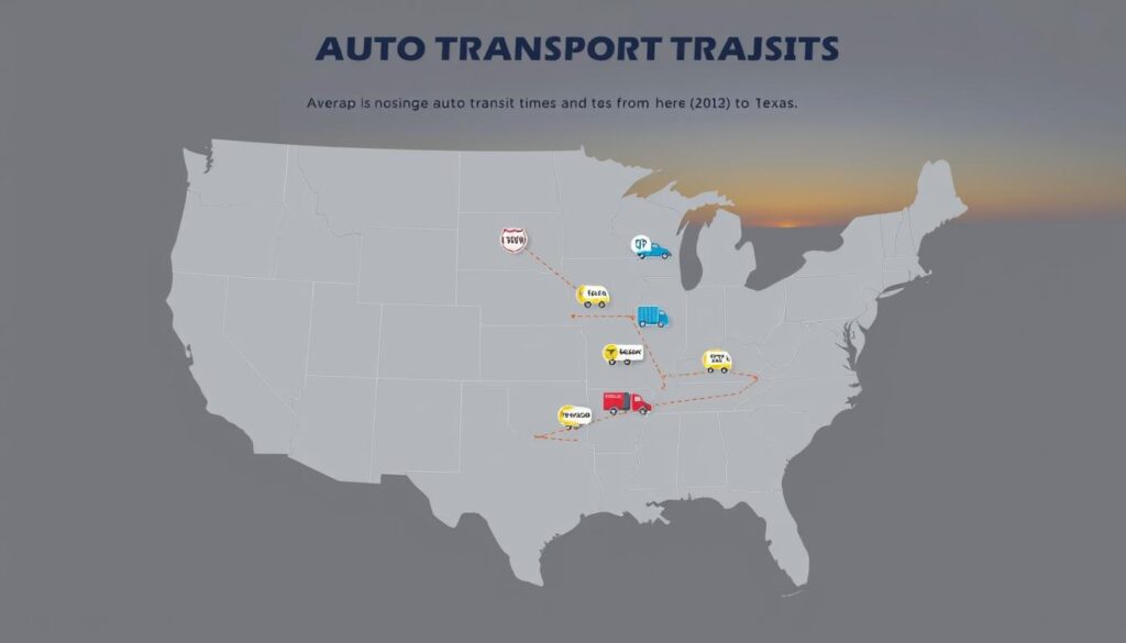 A detailed infographic illustrating average transit times for auto transport across the United States, emphasizing the route from Oregon to Texas. In the foreground, a map outline of the U.S. showing key highways overlayed with dotted lines indicating transit paths. In the middle, various colored icons representing different types of vehicles (like cars and trucks) traveling along the routes, with icons indicating various transit times. The background features a subtle gradient depicting day to night transitions, symbolizing time passage. Use soft, professional lighting to create a clean, informative feel. The overall mood should be educational, focusing on clarity and professionalism, aimed at providing visual insight into interstate auto transport times. The composition should be straightforward and organized, without any text or graphics clutter.