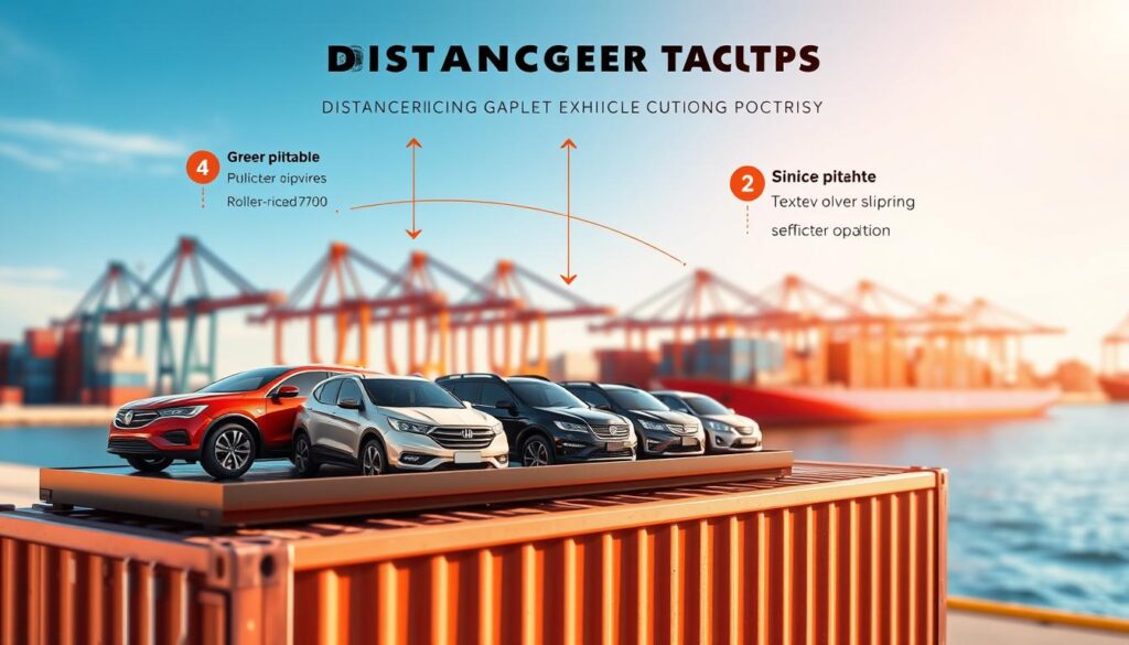 A detailed infographic illustrating the concept of distance factors in vehicle shipping. In the foreground, a variety of vehicles (cars, trucks, and SUVs) are arranged on a sleek shipping container, symbolizing vehicle transport. The middle ground features a stylized map with visible route distances and arrows indicating movement between different locations. In the background, a modern shipping port with cranes and large shipping containers under a clear blue sky, illuminated by warm midday sunlight. The lens focuses sharply on the vehicles while blurring the background slightly, creating depth. The overall mood conveys professionalism and clarity, emphasizing the importance of distance in pricing, with vibrant colors but a clean, informative design style.
