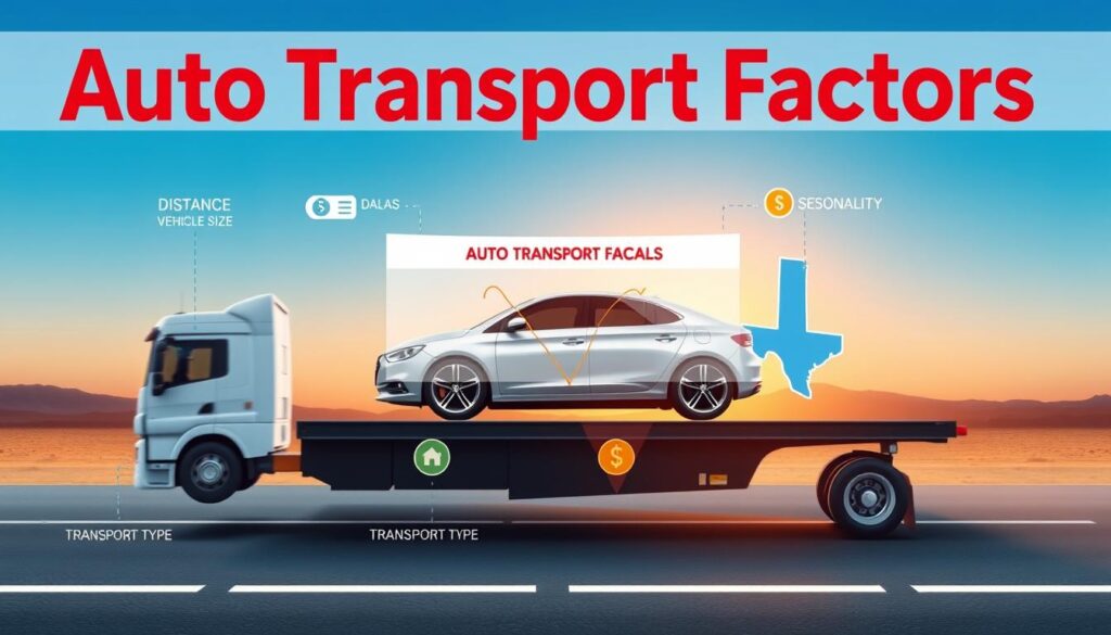 A detailed infographic-style image illustrating "auto transport factors" for shipping a car from Las Vegas to Dallas. In the foreground, include a sleek, modern car on a transport truck bearing a banner with key factors like "Distance," "Vehicle Size," "Transport Type," and "Seasonality" artistically depicted around it. The middle section should feature stylized maps showing the route between the two cities, with icons representing each factor (e.g., a sun for seasonality, a dollar sign for cost). In the background, include a clear sky transitioning from blue to sunset hues, capturing the mood of a journey. Use bright, contrasting colors to highlight main elements, and ensure the lighting is bright and inviting, creating a professional yet engaging atmosphere.