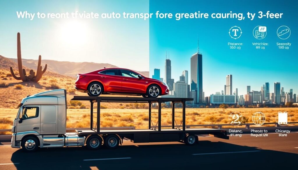 A detailed infographic-style image illustrating the various factors influencing auto transport quotes. In the foreground, a modern car carrier truck transports vehicles, showcasing a bright red sedan on its top deck, symbolizing the journey from Phoenix to Chicago. The middle ground features a split-screen view of two cities: Phoenix's desert landscape with cacti under a clear blue sky on one side, and Chicago's skyline with a bustling urban vibe on the other, reflecting the distance. The background includes subtle icons representing key factors such as distance, vehicle size, and seasonality, arranged harmoniously. Soft sunlight casts a warm glow, creating a professional and informative atmosphere. The scene is well-composed, with a focus on clarity and visual flow, designed to convey the complexities of auto transport in a clean, engaging manner.