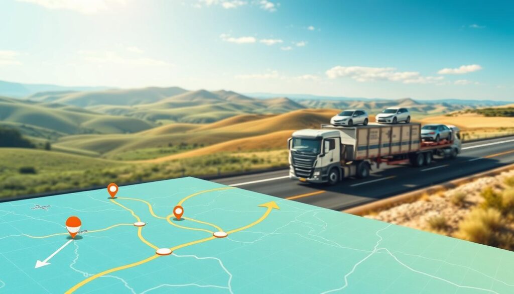 A detailed infographic-style image showcasing the concept of distance route efficiency in vehicle shipping. In the foreground, feature a digitally rendered map with marked routes, highlighting key distances between various destinations. Include arrows indicating the most efficient paths, along with symbols for different vehicle sizes like trucks and sedans. In the middle ground, visualize a transport truck loaded with vehicles, traveling on a clear highway, symbolizing speed and efficiency. The background should portray a serene landscape with rolling hills and a bright blue sky, emphasizing a sense of vastness and journey. Use soft, natural lighting to create an inviting atmosphere. The composition should have a slight angle, resembling a bird’s eye view, to give a comprehensive perspective on the routes and distances involved.