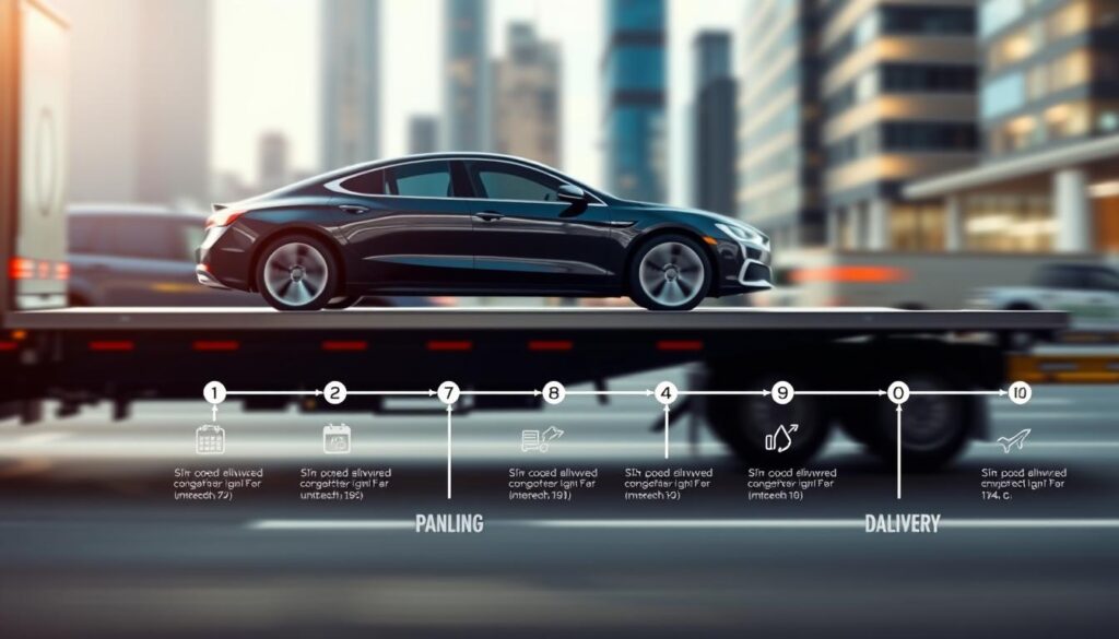 A detailed, informative vehicle delivery timeline, presented as a visually appealing infographic. In the foreground, a sleek, modern car is depicted on a delivery truck, representing the vehicle being shipped. The middle layer features a series of distinct milestones along a roadmap, each illustrated with corresponding icons, such as a calendar, a payment symbol, and a delivery confirmation, all connected by arrows to indicate progress. The background showcases a soft-focus cityscape to imply a bustling logistics environment. The lighting is bright and professional, with a dynamic angle that emphasizes movement. The atmosphere conveys efficiency and order, engaging the viewer in the logistics process of shipping a car bought online.