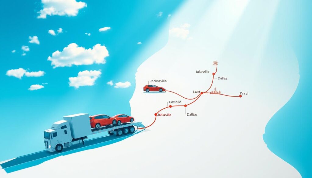 A detailed map showcasing a car shipping route from Jacksonville to Dallas. In the foreground, an illustrated car transporter truck loaded with cars, demonstrating the shipping process. The middle layer features a winding highway dotted with key cities and landmarks along the route, with Jacksonville marked with an iconic symbol like a palm tree and Dallas highlighted with a recognizable skyline. The background includes a clear blue sky with scattered clouds, symbolizing an open journey. Soft sunlight casts gentle shadows, enhancing the sense of movement and travel. The atmosphere is professional and informative, evoking clarity and organization in the car shipping process. No text or watermarks are included.