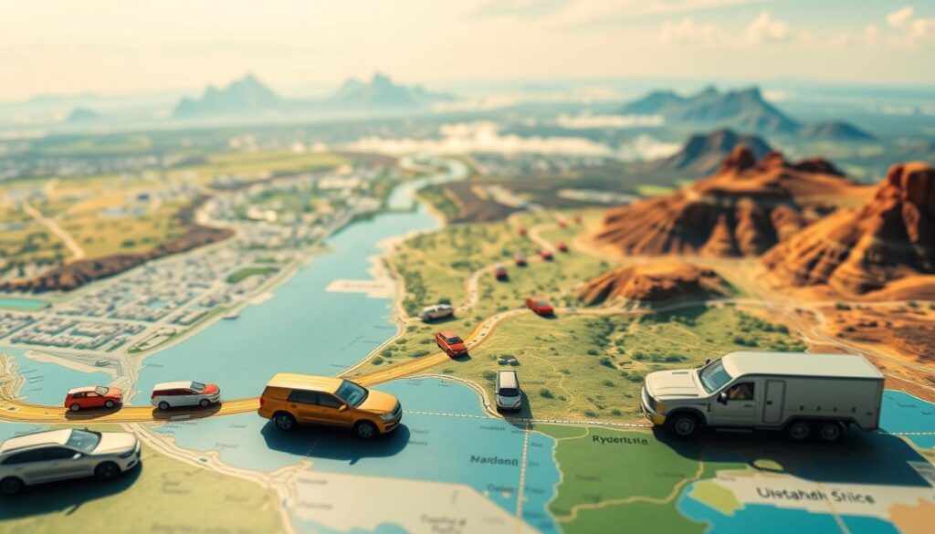A detailed map showcasing car shipping routes across a vibrant landscape, with the foreground featuring stylized representations of various vehicles positioned along different pathways. In the middle ground, illustrate winding routes connecting major highways, with dotted lines indicating distance variations and route popularity visually differentiated by color intensity. The background should display a panoramic view of diverse terrains, including urban areas, mountains, and coastlines, under a bright, clear sky suggesting favorable weather conditions. Use a wide-angle lens perspective to capture the expansiveness of the routes, with soft, natural lighting enhancing the mood of exploration and logistics. The atmosphere should convey a sense of professionalism and efficiency, aligning with the intricacies of car shipping logistics.