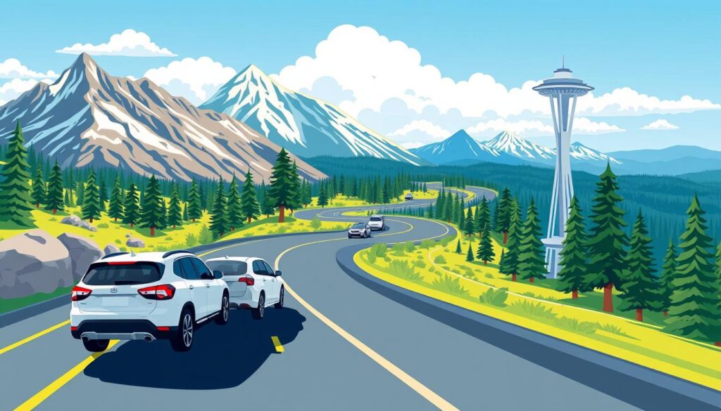 A detailed map showcasing the car shipping route from Denver to Seattle, with vivid landmarks along the way. In the foreground, illustrated vehicles are shown on a transport truck making their way through a stylized highway. The middle section includes a winding road flanked by the Rocky Mountains on one side and expansive pine forests on the other, emphasizing the scenic journey. In the background, a clear blue sky with soft white clouds enhances the sense of movement and adventure. The lighting is bright and welcoming, suggesting a pleasant day for travel. The image exudes an atmosphere of ease and efficiency, highlighting the simplicity of shipping a car across states. A detailed map showcasing the car shipping route from Denver to Seattle, with vivid landmarks along the way. In the foreground, illustrated vehicles are shown on a transport truck making their way through a stylized highway. The middle section includes a winding road flanked by the Rocky Mountains on one side and expansive pine forests on the other, emphasizing the scenic journey. In the background, a clear blue sky with soft white clouds enhances the sense of movement and adventure. The lighting is bright and welcoming, suggesting a pleasant day for travel. The image exudes an atmosphere of ease and efficiency, highlighting the simplicity of shipping a car across states.