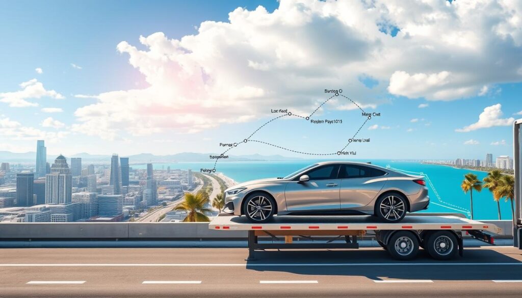 A detailed overview of a car shipping route, showcasing the journey from Los Angeles to Miami. In the foreground, illustrate a sleek car loaded onto a transport truck, ready for shipment. The middle ground features a stylized map, highlighting key cities along the route, with dynamic dashed lines indicating the shipping path. The background comprises a scenic American landscape, transitioning from urban LA architecture to the coastal vistas of Miami, with blue skies and soft clouds above. Use bright and clear lighting to evoke a sense of optimism and efficiency. Capture the route from a high-angle viewpoint, emphasizing the scale of the journey. Aim for a professional and informative atmosphere suitable for an article illustration.