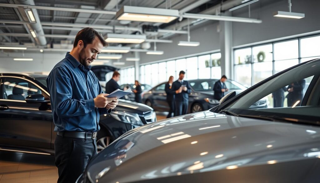 A detailed pre-delivery inspection setting in a modern car dealership. In the foreground, a professional automotive technician, dressed in a crisp blue work shirt and black pants, is closely examining a shiny new car under the warm glow of overhead LED lights. In the middle, a few other team members are inspecting various vehicles, utilizing tools and checklists. The backdrop includes neatly arranged cars in a clean, well-lit showroom with large glass windows showcasing a bright, sunny day outside. The overall atmosphere is one of concentration and diligence, reflecting the thoroughness of the inspection process. Soft shadows accentuate the polished surfaces of the vehicles, creating a dynamic yet professional environment. A detailed pre-delivery inspection setting in a modern car dealership. In the foreground, a professional automotive technician, dressed in a crisp blue work shirt and black pants, is closely examining a shiny new car under the warm glow of overhead LED lights. In the middle, a few other team members are inspecting various vehicles, utilizing tools and checklists. The backdrop includes neatly arranged cars in a clean, well-lit showroom with large glass windows showcasing a bright, sunny day outside. The overall atmosphere is one of concentration and diligence, reflecting the thoroughness of the inspection process. Soft shadows accentuate the polished surfaces of the vehicles, creating a dynamic yet professional environment.