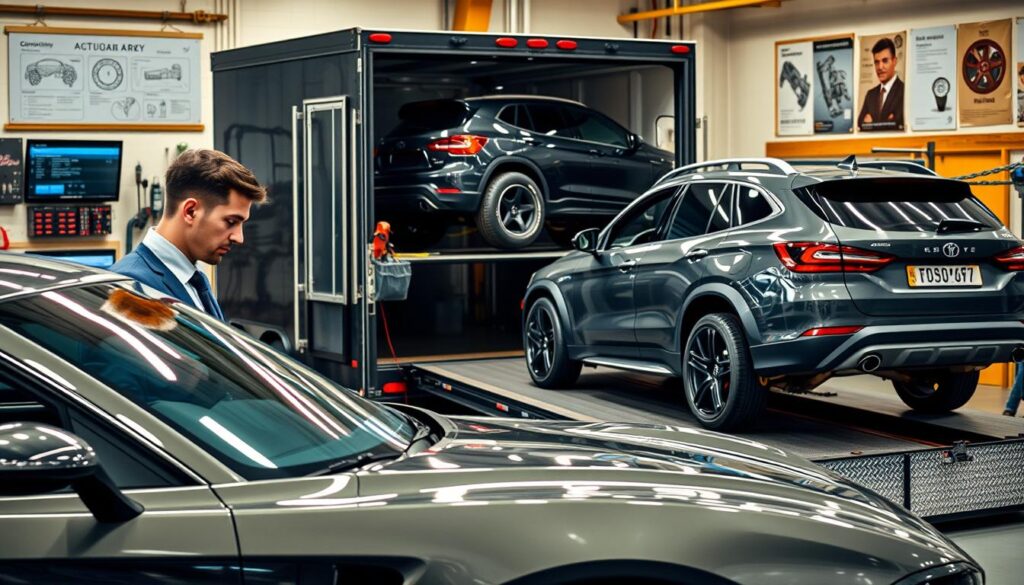 A detailed, professional workshop scene showcasing specialized handling of modified vehicles. In the foreground, a skilled mechanic in a professional business attire inspects a modified sports car with custom bodywork and aftermarket parts. In the middle ground, another technician carefully loads a modified SUV onto a car transport trailer with reinforced straps and padding, highlighting the need for specialized equipment. Behind them, the workshop features tools, diagnostics screens, and posters illustrating safety protocols, bathed in warm, focused lighting to suggest a bustling yet professional atmosphere. The image conveys a sense of care and expertise, emphasizing the importance of specialized handling for modified vehicles during shipping.