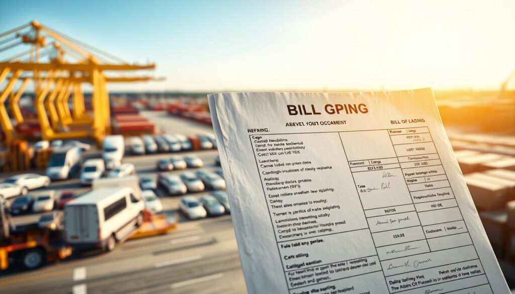 A detailed, realistic portrayal of a Bill of Lading document prominently displayed in the foreground, showcasing its intricate details like cargo descriptions, shipment information, and signatures. In the middle ground, a well-organized car shipping yard with various vehicles being prepared for transport, emphasizing the logistics involved. The background includes an expansive view of loading docks and containers under bright daylight, highlighting the bustling activity of the shipping industry. The lighting is natural, illuminating the document while casting soft shadows that enhance its texture. The scene conveys a professional and efficient atmosphere, capturing the essence of car shipping and the crucial role of the Bill of Lading.