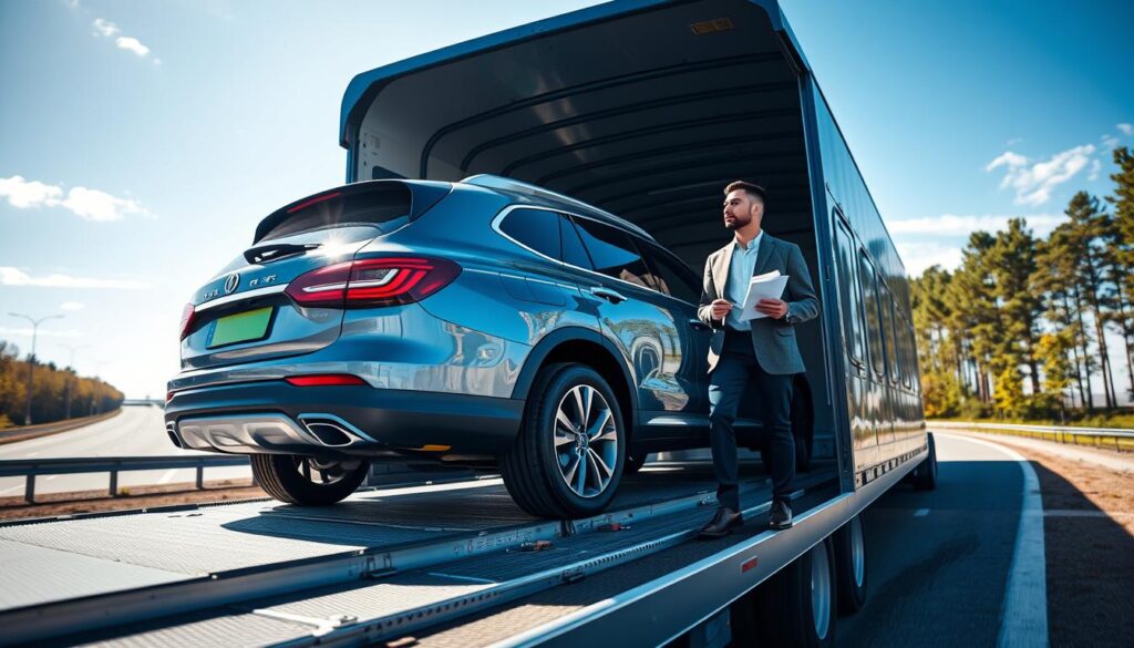 A detailed, realistic scene of a car shipping process, showcasing an open car transport trailer loaded with an SUV in the foreground. The SUV is shiny, reflecting sunlight, and positioned at an angle that highlights its size. In the middle ground, a professional transport driver in smart casual attire is seen inspecting the vehicle, clipboard in hand, emphasizing care and attention to detail. The background features a stretch of highway lined with trees and blue skies, creating a sense of movement and transition. The lighting is bright and clear, evoking a mood of professionalism and transparency in the shipping process. The image should be captured from a slightly elevated angle to provide a comprehensive view of the scene.