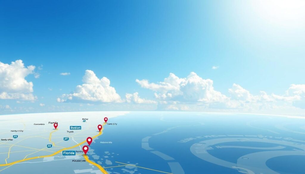 A detailed route overview illustration showcasing the journey from Massachusetts to Florida for car shipping. In the foreground, a stylized map with highlighted highways and key cities, such as Boston, New York City, and Orlando, marked with pins or icons of cars. In the middle ground, a gradient showing different state boundaries and notable landmarks, like the coastline of Florida and the Appalachian Mountains. In the background, a serene blue sky with fluffy white clouds, hinting at a bright day. Utilize soft lighting to evoke clarity and optimism. The perspective should be slightly elevated, resembling a bird's eye view, imparting a sense of exploration and adventure. The overall atmosphere should feel welcoming and informative, perfect for understanding the logistics of car shipping.