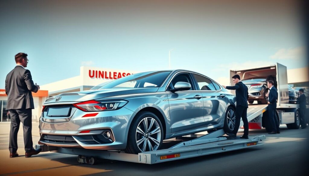 A detailed scene depicting a car transport process at a bustling dealership. In the foreground, a shiny sedan is being carefully loaded onto a large car carrier truck by professional workers in business attire, showcasing teamwork and efficiency. The middle ground features the truck, with ramp extended and several vehicles secured with straps, reflecting a sense of order and care. The background reveals the dealership building with bright signage, and a clear blue sky above, indicating a pleasant day. Soft, natural lighting bathes the scene, emphasizing the sleek lines of both the car and the transport truck. The overall atmosphere conveys professionalism and reliability in car shipping.