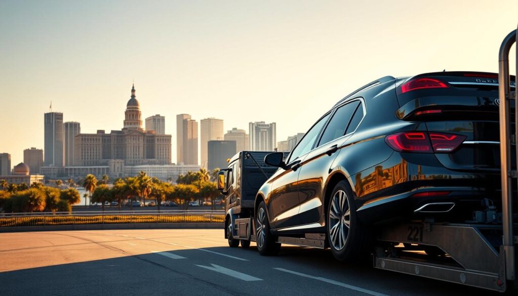 A detailed scene depicting a car transport truck loaded with multiple vehicles, showcasing a shiny sedan prominently in the foreground. In the middle ground, a Buffalo skyline is visible, featuring recognizable landmarks like the Buffalo City Hall and the waterfront. The background captures a sunny day with clear skies, framing the distant Orlando skyline with palm trees and warm colors, symbolizing the destination. The scene is illuminated by golden sunlight, casting soft shadows and enhancing the vibrant colors of the cars and buildings. The atmosphere conveys professionalism and efficiency in auto transport, highlighting a reliable shipping process. No people are included in the image, ensuring a clean focus on the vehicles and cityscapes.