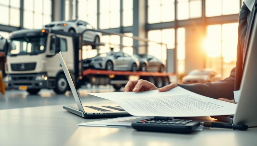 A detailed scene depicting an auto transport insurance concept. In the foreground, a professional business person in smart attire is reviewing documents related to car shipping insurance, with a laptop open and a calculator beside them. The middle ground showcases a partially visible car carrier truck, loaded with various cars, symbolizing the transportation aspect. In the background, a serene office atmosphere with large windows allowing natural light to flood in, enhancing the professional mood. The lighting is warm and inviting, creating a sense of security and trust. Capture the focus on clarity and comprehension, emphasizing the importance of understanding what car shipping insurance covers, with a clean, organized layout to convey professionalism and reliability.