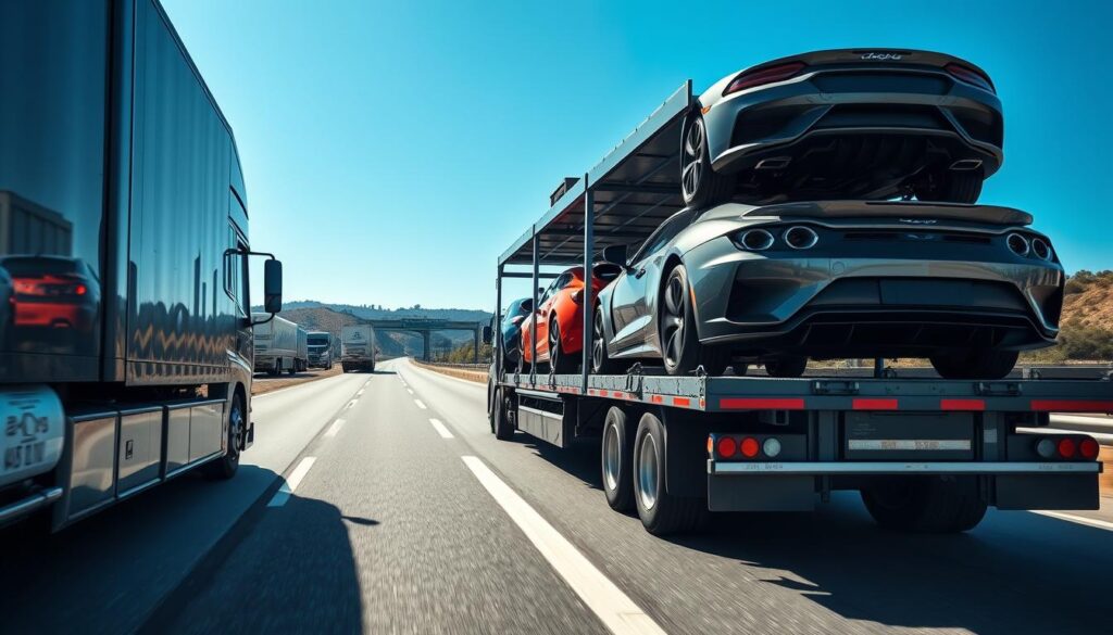 A detailed scene depicting an auto transport truck on a highway, loaded with various cars ready for shipment. In the foreground, the truck is shown at a slight angle, capturing its sleek and modern design. The middle ground features several distinct cars, including a sporty sedan and a classic muscle car, securely fastened to the truck. In the background, a sunny blue sky enhances the scene, with distant hills and trees providing a touch of nature. The lighting is bright and natural, emphasizing the vibrant colors of the cars. The mood conveys efficiency and reliability, perfect for illustrating the process of shipping a vehicle.