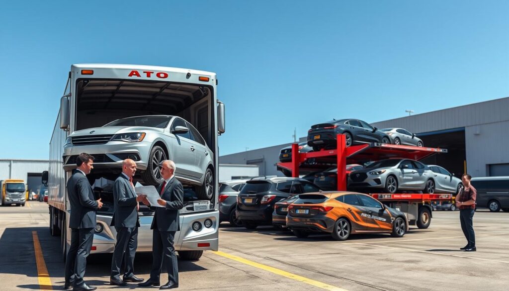 A detailed scene depicting auto transport logistics in a bustling transport yard. In the foreground, a professional team of logistics coordinators in business attire discusses plans beside a sleek car carrier truck loaded with vehicles, showcasing the meticulous organization involved in car transport. The middle ground features various cars waiting to be loaded, with a well-maintained transport facility and clear signage indicating different destinations. In the background, a clear blue sky enhances the work environment, with a warehouse and transport manager overseeing operations to ensure efficiency. The scene is illuminated by bright, natural daylight, capturing the vibrant activity and dedication involved in auto logistics. The overall mood should convey professionalism, organization, and a sense of readiness for transport.