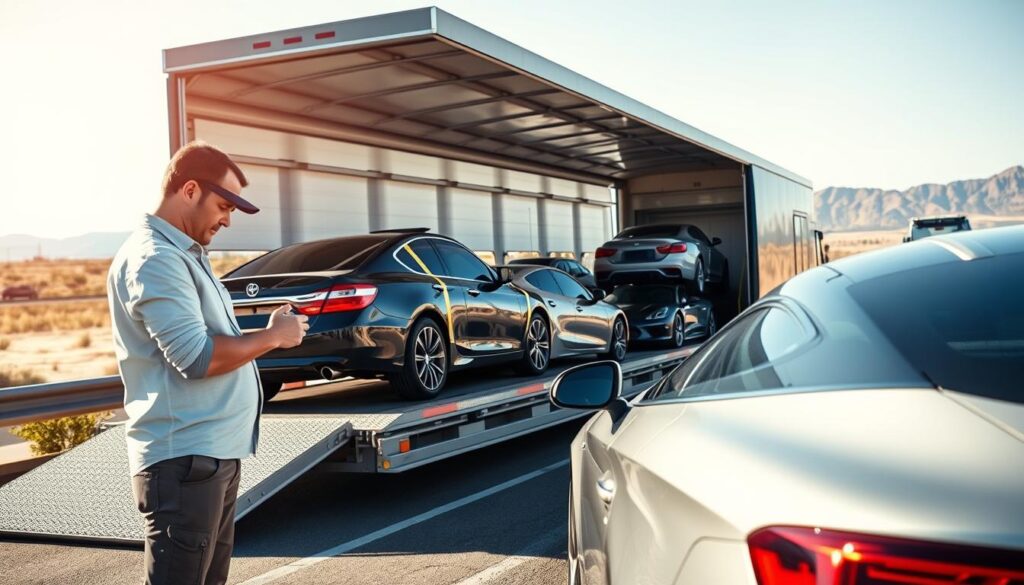 A detailed scene depicting the auto transport process, set in a sunny outdoor environment. In the foreground, a professional driver in modest casual clothing checks a car while standing next to an open transport trailer filled with securely strapped vehicles. In the middle ground, a variety of cars are seen loaded onto an auto transporter, showcasing different makes and models, all gleaming under bright daylight. The background features a stretch of highway leading towards distant mountains, symbolizing the journey from Chicago to Phoenix. Soft, natural lighting enhances the clarity of the scene, with a wide-angle perspective that captures both the transport vehicle and the surrounding landscape, conveying a sense of motion and efficiency in the auto transport process. The overall atmosphere is professional and organized.