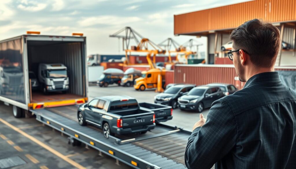 A detailed scene depicting the car shipping industry standards focused on pickup trucks. In the foreground, a professional worker in business attire inspects a loading ramp designed for transporting pickup trucks, verifying safety equipment and compliance guidelines. The middle layer shows several pickup trucks lined up in an organized shipping yard, showcasing various types and sizes, all meticulously secured ready for transport. In the background, a large car carrier truck prepares for loading, with cranes and shipping containers, symbolizing the logistics aspect of the industry. Soft, natural lighting illuminates the scene, creating a bright atmosphere, with a wide-angle lens capturing the expanse of the yard and emphasizing the industry standards in action, ensuring a thorough visual representation of the car shipping process.