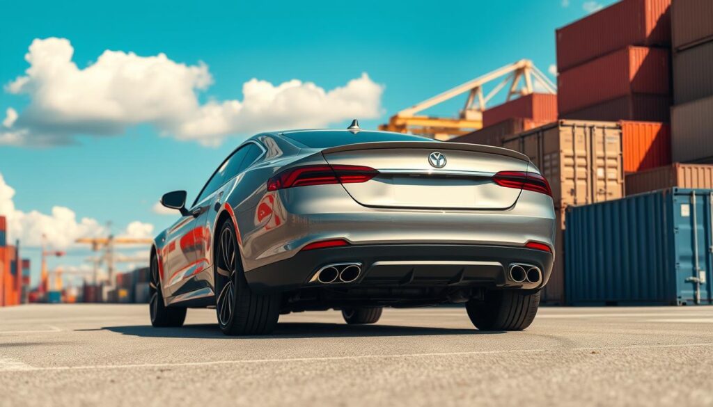 A detailed scene featuring a sleek, modern car parked in a shipping yard, prominently missing its license plates. In the foreground, the shiny car stands out with its polished exterior reflecting sunlight, emphasizing its contours and design. In the middle ground, various shipping containers and a few cranes can be seen, creating a logistical atmosphere. The background is filled with a clear blue sky with fluffy white clouds, suggesting a calm day, while subtle shadows represent the midday sun. The focus is on the car, highlighting the absence of license plates. The overall mood is informative and engaging, designed to capture the viewer's interest in the topic of shipping cars without plates.