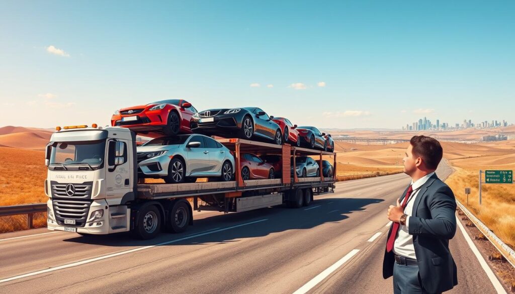 A detailed scene illustrating long-distance car shipping, featuring a transport truck loaded with several cars, showcasing various makes and models in vibrant colors. In the foreground, the truck driver, dressed in professional business attire, inspects the cars, highlighting safety protocols. The middle ground includes a vast open highway, with rolling hills under a bright blue sky, adding a sense of movement and distance. The background displays a distant city skyline, symbolizing the journey's end. The lighting is warm and inviting, suggesting a sunny day, casting soft shadows to enhance depth. The overall mood is reassuring and professional, conveying confidence in the safety and reliability of long-distance car shipping.