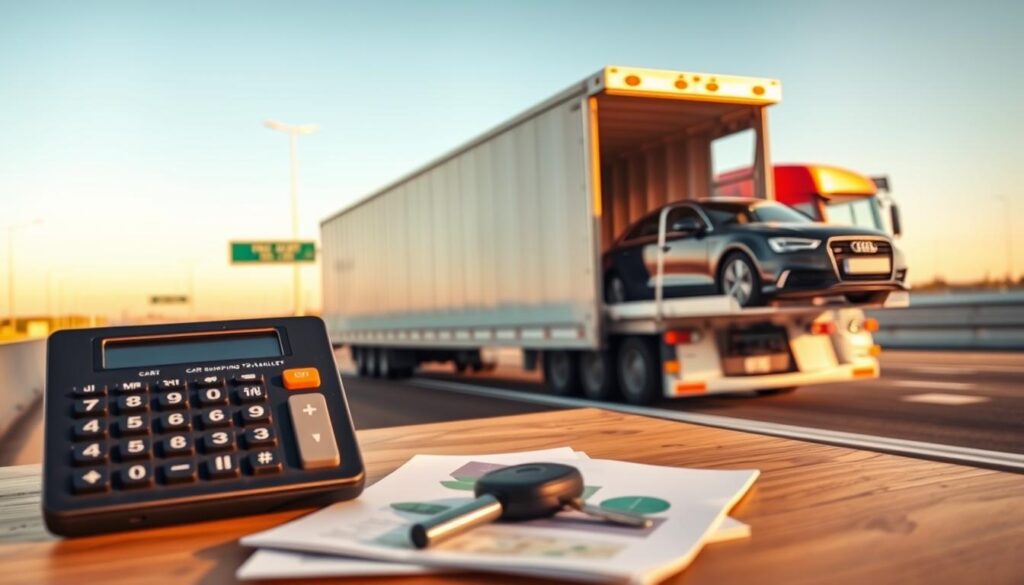 A detailed scene illustrating the concept of "car shipping cost" for transporting a vehicle from Los Angeles to Miami. In the foreground, a calculator displaying various transport cost figures sits atop a table with car keys and a travel brochure. In the middle ground, a large, contented shipping truck is parked, showcasing a sleek vehicle being loaded with care. The background features a distant view of a sunny highway stretching towards the horizon, symbolizing the journey. The scene is brightly lit with warm sunlight illuminating the truck and car, creating a professional and optimistic atmosphere. The angle should be slightly elevated, capturing both the details of the foreground and the truck in action, emphasizing the importance of estimating transport costs.