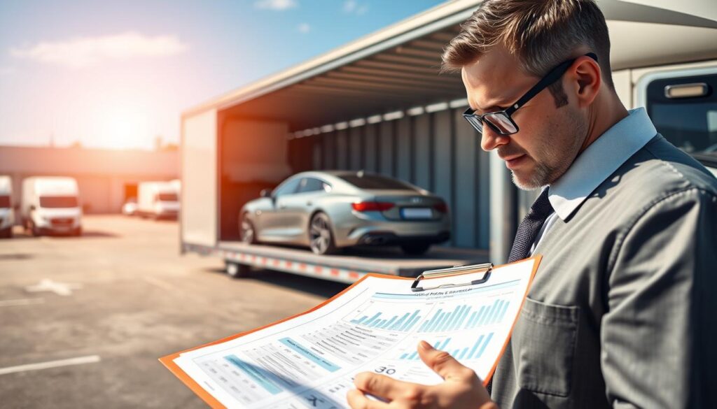 A detailed scene illustrating the concept of "car shipping costs." In the foreground, a professional auto transport estimator, dressed in business attire, is analyzing a clipboard filled with figures and charts related to shipping costs. In the middle ground, a sleek car is being loaded onto a transport truck, showcasing the auto transport process. The background features a sunny lot with additional vehicles and a clear blue sky, symbolizing a vibrant, busy transport hub. Soft natural lighting highlights the scene, with a shallow depth of field focusing on the estimator and the car, creating an inviting yet professional atmosphere. The overall tone conveys expertise and clarity in the auto transport industry.