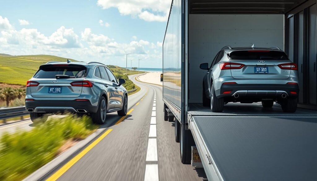 A detailed scene illustrating the concept of car shipping from Kansas to Florida. In the foreground, a modern vehicle is securely loaded onto a car transport truck, the ramp visible to showcase the loading process. The middle ground features a well-designed transport truck driving along a highway, with lush green landscapes and rolling hills reminiscent of Kansas on one side, gradually transitioning to the sandy beaches and palm trees of Florida in the background. Captured in bright daylight, the scene is vibrant and inviting, conveying a sense of efficiency and professionalism. The angle should be slightly elevated, providing a comprehensive view of both the vehicle and its surroundings, emphasizing the journey from one state to the other. The image should evoke a feeling of trust and safety in the car shipping process.
