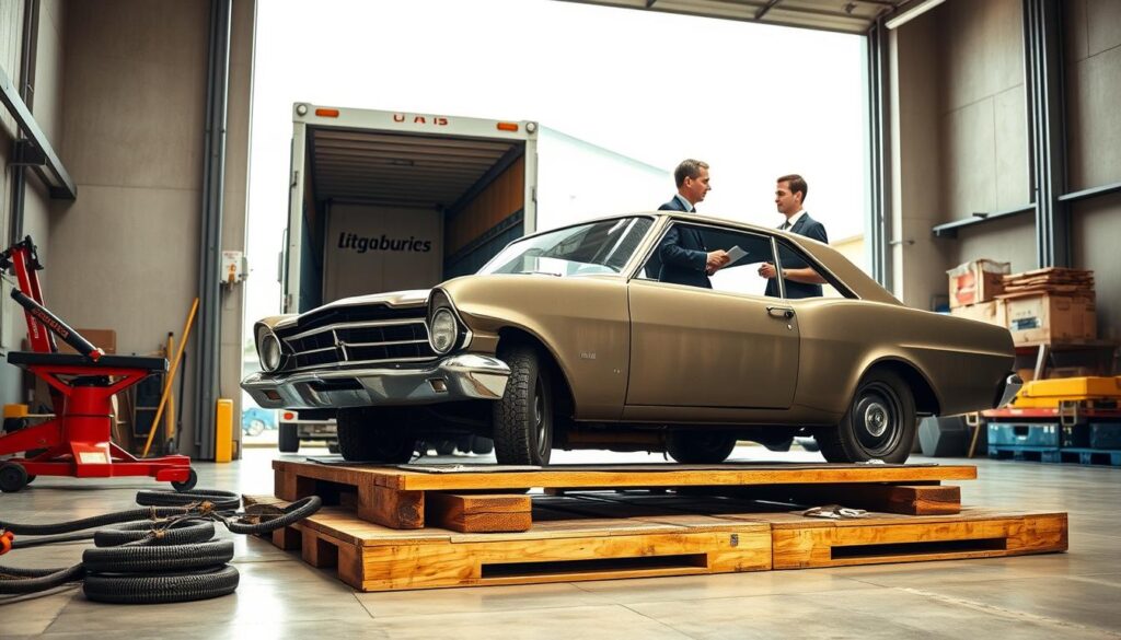 A detailed scene illustrating the logistics of shipping a non-running classic car. In the foreground, a vintage car, such as a 1960s muscle car, is positioned on a wooden pallet, surrounded by various tools and equipment like a hydraulic lift and tie-down straps. The middle layer features a professional team of logistics experts in business attire, inspecting the car with a clipboard and discussing plans. In the background, an open garage door reveals a large delivery truck waiting to transport the car, with logistics signage visible. The lighting is bright and well-lit, mimicking daylight filtering through the garage, creating a practical and organized atmosphere. The camera angle is slightly low, emphasizing the car and the professionals working diligently around it.