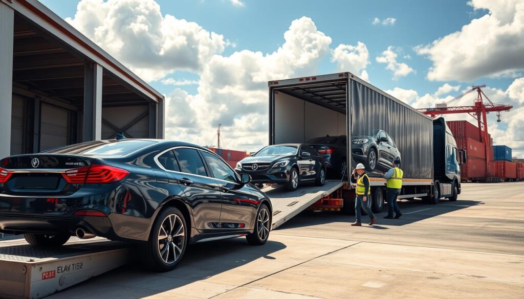 A detailed scene of a car shipping terminal, featuring rows of vehicles ready for transport. In the foreground, a shiny sedan on a loading dock with a ramp leading to a large, enclosed car carrier truck. In the middle ground, several more cars are being loaded onto the truck by professional workers in safety vests and helmets, showcasing teamwork and efficiency. The background should depict a vast port area with additional car carriers and shipping containers, under a bright blue sky with fluffy white clouds. The lighting should be natural, creating a sense of a typical workday environment, emphasizing the importance of logistics in car shipping. The mood is industrious yet organized, highlighting the process and scale of car transportation.