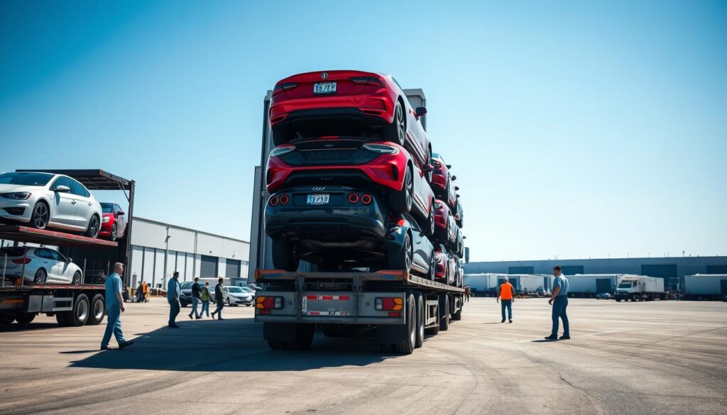 A detailed scene of car shipping in action, showcasing a large transport truck loaded with various cars, positioned in the foreground. The middle ground features a bustling shipping yard with workers in professional attire inspecting vehicles and preparing them for transportation. In the background, a clear blue sky and distant warehouses add depth to the setting. The lighting is bright and sunny, creating an optimistic atmosphere. Various cars on the truck, including sedans and SUVs, should be vividly colored and represent different makes and models. The angle captures the scale of the transport truck against the backdrop of the yard, emphasizing the process of car shipping and the coordination of logistics involved.