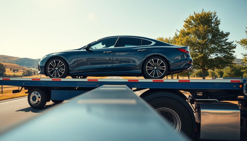 A detailed scene showcasing a car transport scenario. In the foreground, a sleek, modern car sits on a flatbed truck, securely fastened and ready for shipping. The truck is painted in a vibrant blue with reflective surfaces. The middle ground features a bright, clear sky indicating a sunny day, while a road stretches ahead lined with green trees suggesting a peaceful, rural setting leading to Georgia. In the background, gentle hills provide a scenic view, enhancing the journey's essence. The image captures the professionalism of auto transport, with smooth, natural lighting that casts soft shadows. The composition is shot from a low angle, giving a sense of height to the truck, and emphasizes the importance of safe vehicle shipping. The overall mood conveys reliability and efficiency.