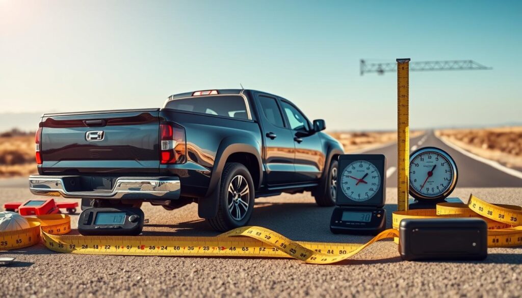 A detailed scene showcasing a pickup truck surrounded by various measurement tools and scales to emphasize vehicle size and weight. In the foreground, a modern black pickup truck is parked, viewed at a slight angle to highlight its dimensions. The middle ground includes digital scales and measuring tapes, indicating the truck's dimensions and weight. In the background, a clear blue sky and an open road suggest the context of shipping and transport. Soft sunlight casts natural shadows, creating a warm and inviting atmosphere. The image should be realistic and professional, suitable for an informative article, with a focus on clarity and precision, avoiding any distractions like people or unrelated objects. A detailed scene showcasing a pickup truck surrounded by various measurement tools and scales to emphasize vehicle size and weight. In the foreground, a modern black pickup truck is parked, viewed at a slight angle to highlight its dimensions. The middle ground includes digital scales and measuring tapes, indicating the truck's dimensions and weight. In the background, a clear blue sky and an open road suggest the context of shipping and transport. Soft sunlight casts natural shadows, creating a warm and inviting atmosphere. The image should be realistic and professional, suitable for an informative article, with a focus on clarity and precision, avoiding any distractions like people or unrelated objects.