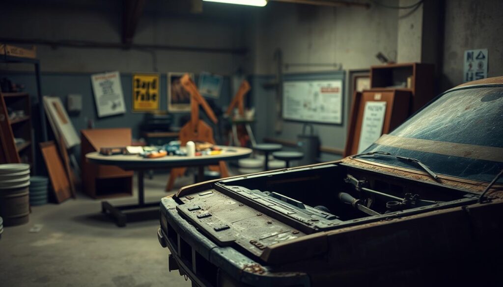A detailed scene showcasing an inoperable vehicle, prominently displayed in the foreground. The vehicle, an old sedan with visible rust and a flat tire, sits under soft, diffused lighting that casts gentle shadows, enhancing its neglected appearance. The middle ground features various tools and equipment laid out on a worktable, suggesting repairs that could not be completed. In the background, a dimly lit garage with faded posters can be seen, reinforcing the atmosphere of abandonment. The overall mood is one of lost potential, creating a sense of stagnation. The angle is slightly tilted from above, giving a comprehensive view of the vehicle's condition while emphasizing the depth of the garage space.
