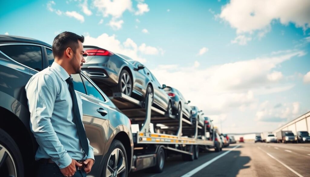 A detailed scene showcasing the auto transport industry: In the foreground, a professional in business attire stands beside a sleek car on a car carrier, highlighting the connection between vehicles. In the middle ground, multiple car carriers are visible, showcasing a variety of transported vehicles, from sedans to SUVs, highlighting the diversity in auto transport. The background features a clean, expansive auto transport yard with a blue sky and soft white clouds, offering a sense of space and efficiency. The lighting is bright, emphasizing the professionalism of the industry, with natural sunlight casting soft shadows. The overall mood is one of safety and reliability, perfect for illustrating the auto transport industry in a positive light.