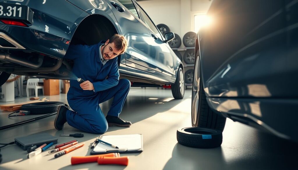A detailed vehicle exterior inspection scene in a well-lit garage. In the foreground, showcase a professional mechanic in a blue uniform, kneeling next to a shiny sedan, examining the tires and undercarriage with a flashlight. In the middle ground, display various tools and a clipboard with inspection notes on a clean workbench. The background features a bright, organized workshop with car parts and a wall-mounted tire rack. Soft, natural light streams through a nearby window, casting gentle shadows, creating a focused and diligent atmosphere. The angle should provide a clear view of the mechanic engaged in the inspection, emphasizing the car's sleek design and the importance of preparation for shipping.