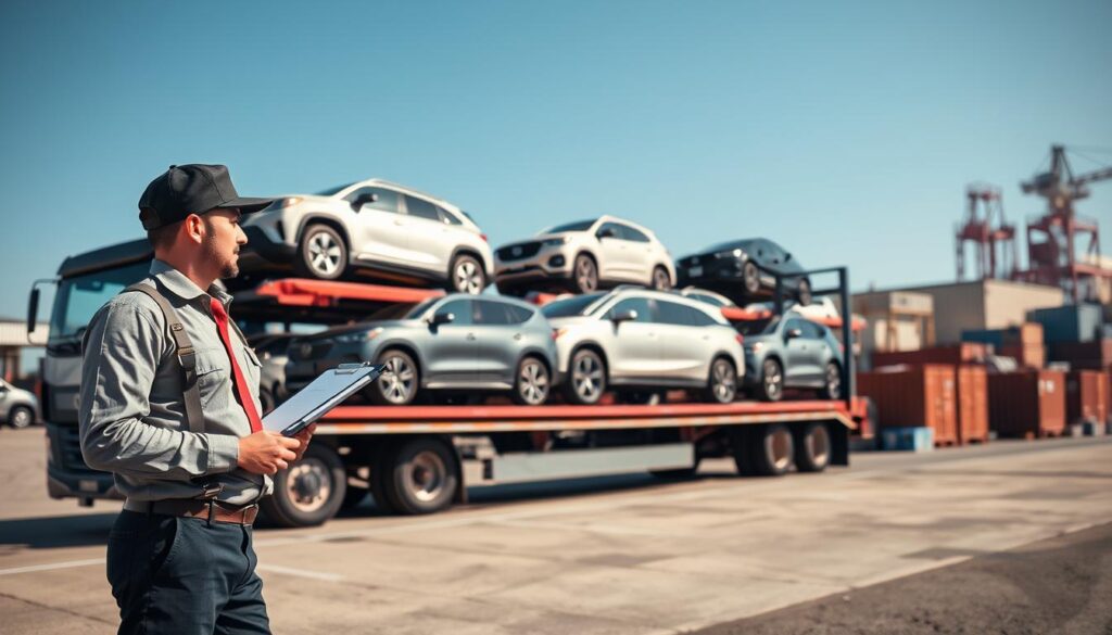 A diverse selection of vehicles being loaded onto a large car carrier truck, set against a backdrop of a bustling shipping yard. In the foreground, focus on a professional driver in a smart uniform, discussing logistics with a representative on a clipboard. The middle ground features various cars: sedans, SUVs, and trucks, arranged neatly on the carrier. The background showcases a clear blue sky, with distant industrial buildings and transport containers, hinting at both local and long-distance routes. Use bright, natural lighting to create an optimistic atmosphere, emphasizing organization and efficiency. Capture the scene from a mid-angle perspective, highlighting the vehicles’ details and the professionals at work. Aim for a clean and professional look that reflects the importance of vehicle transport planning and services.