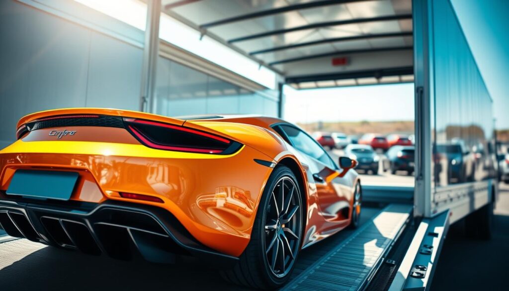A dynamic auto transport scene featuring a sleek, high-performance sports car being loaded onto an enclosed transport truck. In the foreground, the luxurious sports car gleams under bright sunlight, reflecting its vibrant colors and fine details. The middle ground showcases the transport truck, meticulously designed with a modern aesthetic, its ramp lowered to facilitate loading. The background is a blurred image of a bustling transport yard, hinting at other vehicles in transit. The lighting is bright and natural, casting soft shadows that enhance the three-dimensional feel of the scene. The overall mood conveys professionalism and care, emphasizing the importance of safe and secure shipping options for prized vehicles. The angle is slightly low, capturing the grandeur of both the car and the transport vehicle while focusing on their interaction.