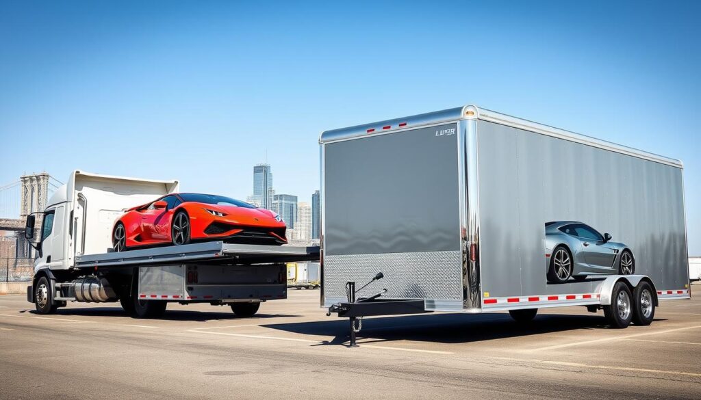 A dynamic comparison image featuring two car transport methods: an open auto transport truck and an enclosed auto transport trailer. In the foreground, prominently display the open transport truck, loaded with a vibrant red sports car, with the Brooklyn skyline subtly visible in the background. The truck should be under bright daylight, showcasing the clarity of the open transport's design. In the middle ground, illustrate the enclosed trailer, sleek and shiny, transporting a luxury car with meticulous detail to the trailer's surface; the trailer is parked beside the open truck. Use a wide-angle lens to capture both transport types against a clear blue sky, conveying a sense of professionalism and choice, ideal for a car shipping decision context. The mood should be informative and engaging, emphasizing the benefits of each transport style.