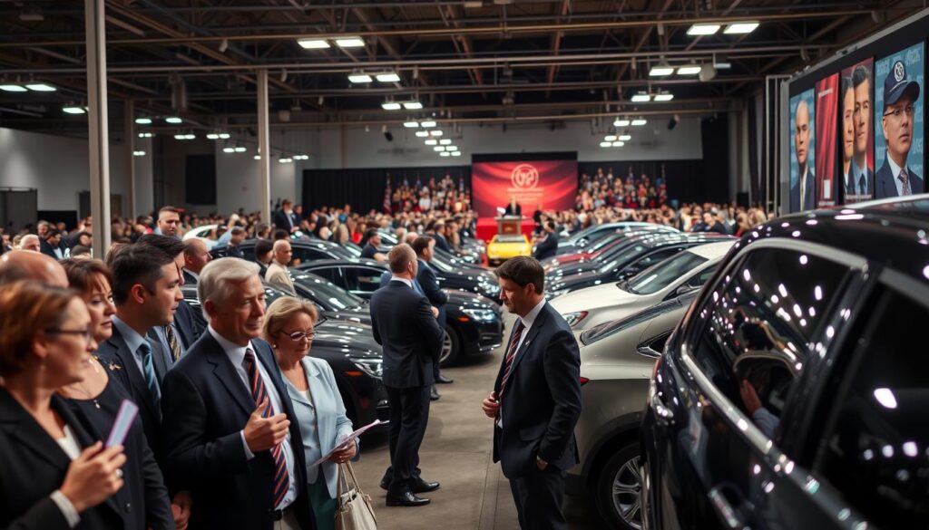 A dynamic scene capturing a bustling auto auction. In the foreground, a diverse group of people in professional business attire, intently examining vehicles, with one individual holding a bidding paddle. The middle ground features a lineup of various vehicles, including classic cars, modern sedans, and SUVs, all gleaming under bright overhead lights. The background reveals an auction stage, complete with an auctioneer energetically engaging the audience. The atmosphere is energetic and competitive, with an emphasis on excitement and anticipation. The lighting is bright and focused, highlighting the vehicles' details while casting soft shadows. The angle captures both the excitement of the auction and the diversity of vehicles on offer, creating a sense of urgency and opportunity in the car purchase process.