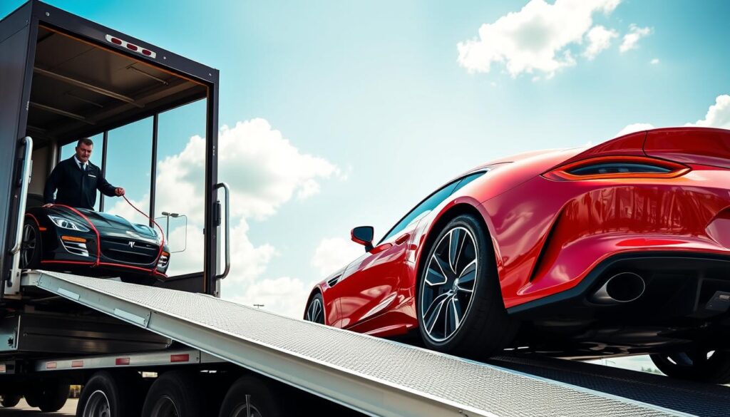 A dynamic scene capturing the mechanics of open auto transport. In the foreground, a sleek sports car with a reflective red finish is being loaded onto an open auto transport trailer. The trailer, made of sturdy metal, is positioned at an angle to showcase its ramp and multiple tiers. In the middle ground, a professional driver, dressed in a smart uniform, expertly secures the vehicle with safety straps. The background features a clear blue sky with a few fluffy clouds, creating a sense of movement and freedom. Bright lighting highlights the contours of the car and the trailer, emphasizing their sleek designs. The overall mood is energetic and focused, illustrating the efficiency and practicality of open auto transport for sports cars.
