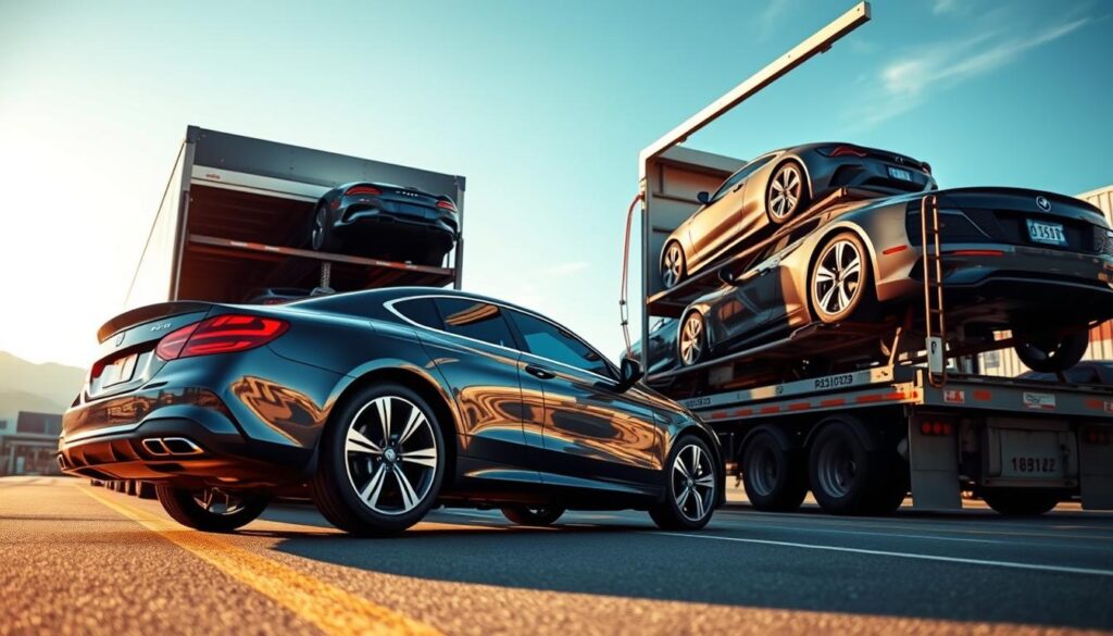 A dynamic scene depicting a car transport process in action. In the foreground, a sleek car is loaded onto a large, open car carrier truck, showcasing its shiny exterior and vibrant color. In the middle ground, multiple cars are securely stacked on the carrier, emphasizing the efficiency of the auto transport. The background features a bustling terminal with a clear blue sky and distant mountains, hinting at the journey from Austin to Denver. Soft, natural lighting highlights the vehicles and creates a warm atmosphere. Capture this moment from a low angle to enhance the sense of scale and movement, evoking an organized and professional vibe within the auto transport industry. The entire scene appears clean and safe, with an emphasis on the intricacies of the shipping process.
