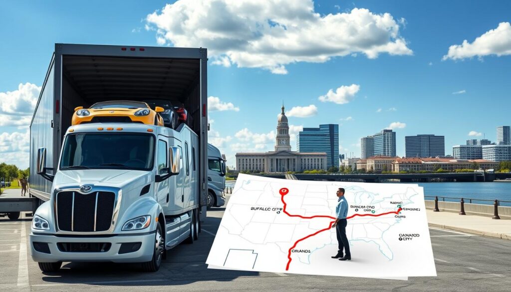 A dynamic scene depicting the process of car shipping from Buffalo to Orlando. In the foreground, a modern car carrier truck, loaded with various vehicles, is parked at a loading dock in Buffalo, showcasing its polished surfaces and vibrant colors under bright daylight. In the middle ground, a representative in professional attire consults a customer while a map of the route from Buffalo to Orlando is spread out, indicating the route's key landmarks. The background features the iconic Buffalo skyline with elements like the Buffalo City Hall and the Lake Erie waterfront, creating a sense of location. The sky is clear with a few fluffy clouds, suggesting a promising travel day. The mood is focused and professional, conveying the importance and efficiency of car shipping.