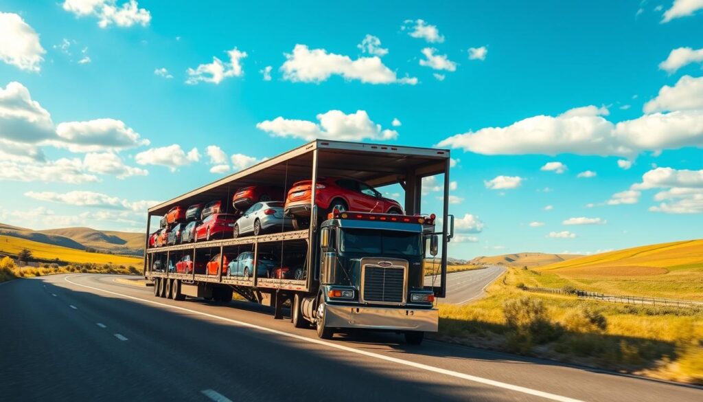 A dynamic scene depicting vehicle shipping across the country, foreground featuring a large, open transport truck loaded with various cars, showcasing a range of models in vibrant colors. The middle ground includes a clear, expansive highway, illustrating the journey between states, with rolling hills and green landscapes flanking either side. In the background, a bright blue sky with scattered clouds enhances the feeling of movement and progress. The lighting is warm and sunny, creating a welcoming atmosphere. Shot from a slightly elevated angle, capturing both the truck and cars while emphasizing their significance in safe transportation. The mood is optimistic and organized, reflecting the ease of cross-country vehicle shipping.