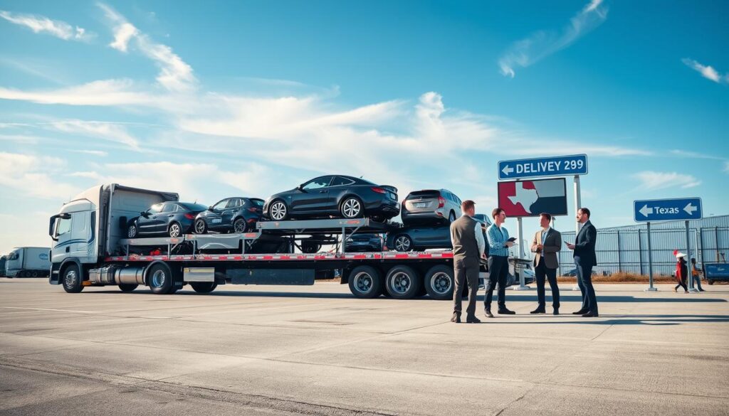 A dynamic scene depicting vehicle transport logistics, featuring a car carrier truck, loaded with various vehicles, stationed in a spacious transport yard. In the foreground, showcase the truck with sleek designs and multiple cars secured on its flatbed, highlighting the careful arrangement of new and used vehicles. In the middle ground, include a group of professional workers wearing business attire, discussing shipping logistics with clipboards in hand, emphasizing teamwork and efficiency. The background should feature a clear blue sky with soft clouds, alongside a few delivery route signs leading towards Texas, depicting the journey. Natural sunlight bathes the scene, creating a bright and optimistic atmosphere. Use a wide-angle perspective to capture the full scope of the transport yard, enhancing the mood of reliability and speed in vehicle shipping.